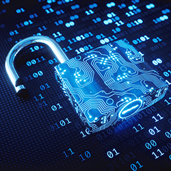 Blue padlock resembling a circuit board placed on binary code.  Credit: matejmo