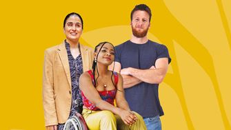 A woman with a visual impairment, a younger woman in a wheelchair, and a man standing with his arms folded, against a yellow background