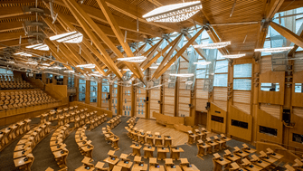 Empty Debating Chamber of the Scottish Parliament with lights on