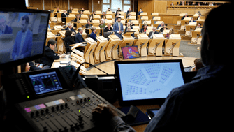 First Minister Humza Yousaf seen from the Broadcasting booth in the Debating Chamber during his first FMQs on 30 March 2023 