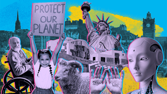 Collage of images reflecting the subject of events taking place at the Festival of Politics 2025, such as the Statue of Liberty and Dolly the sheep 