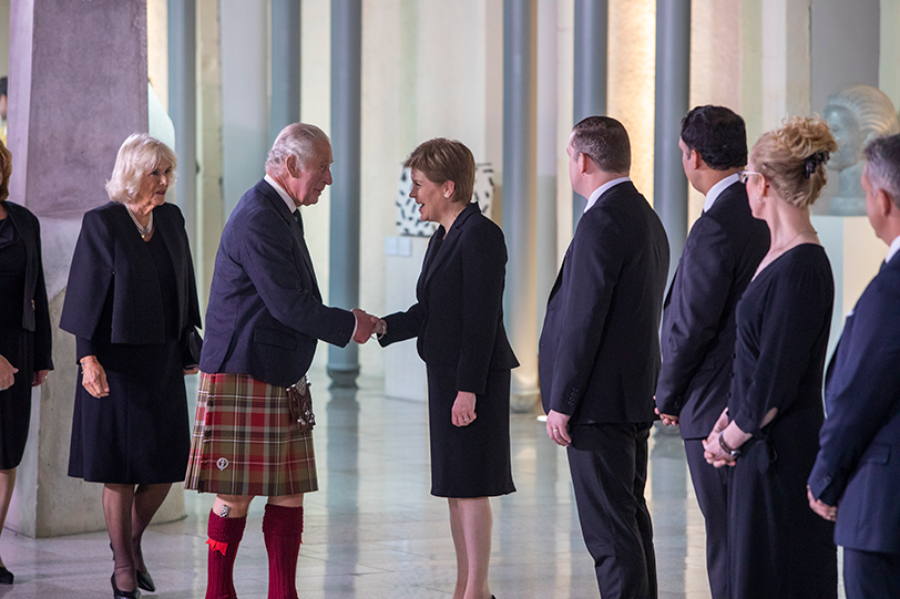 In the Garden Lobby, King Charles III and the Queen Consort meet First Minister Nicola Sturgeon MSP, and party leaders Douglas Ross MSP,  Scottish Conservative and Unionist Party; Anas Sarwar MSP, Scottish Labour Party; Lorna Slater MSP,  Scottish Green Party; and Alex Cole-Hamilton MSP, Scottish Liberal Democrats