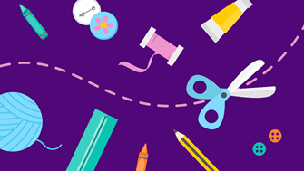 Graphic showing crafting tools and materials such as thread and scissors