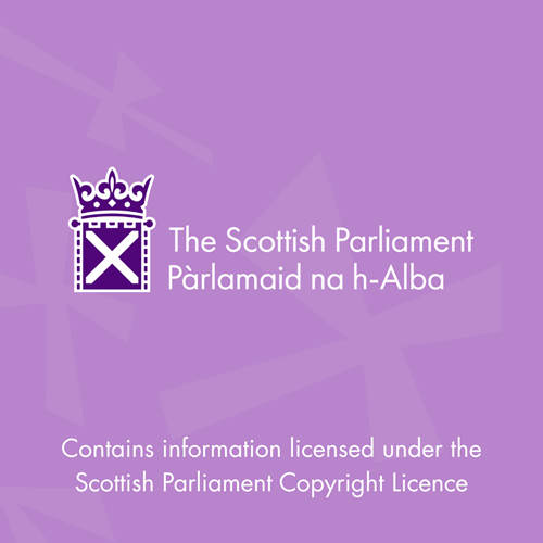 Purple end-card graphic with Parliament logo and text " Contains information licensed under the Scottish Copyright Copyright Licence"
