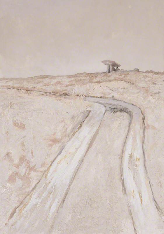 Painting of ancient monument stones on the brow of a hill. Stones are about one third from the top of the painting and towards the right hand edge. Rest of the painting shows a track leading up the hill. Painted in creamy and sandy colours. 