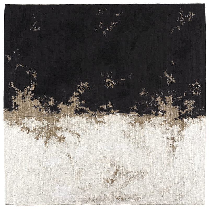 Woven tapestry with a line in the middle representing the horizon, where sky and sea or land meet. Above the line are black yarns and below are cream yarns. The middle section features light brown yarns in cloud-shaped patterns which are both above and below the horizon line. 