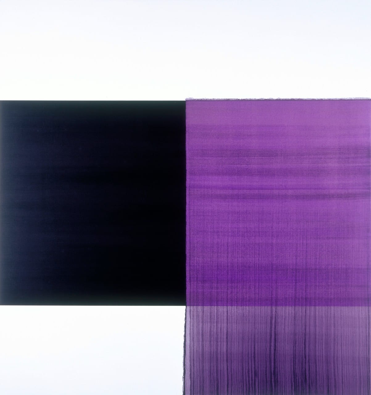 Oil painting with a solid black square in the middle left hand side, next to a more transparent violet square in the middle right. Top of painting is white. Under the black square is white paint. Under the violet is an even more transparent violet rectangle.