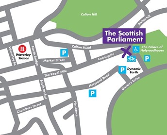 Map showing a location of the Scottish Parliament