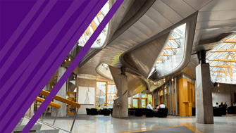 Picture of Garden Lobby with purple parliament bamboo motif running diagonally across left-hand side  
