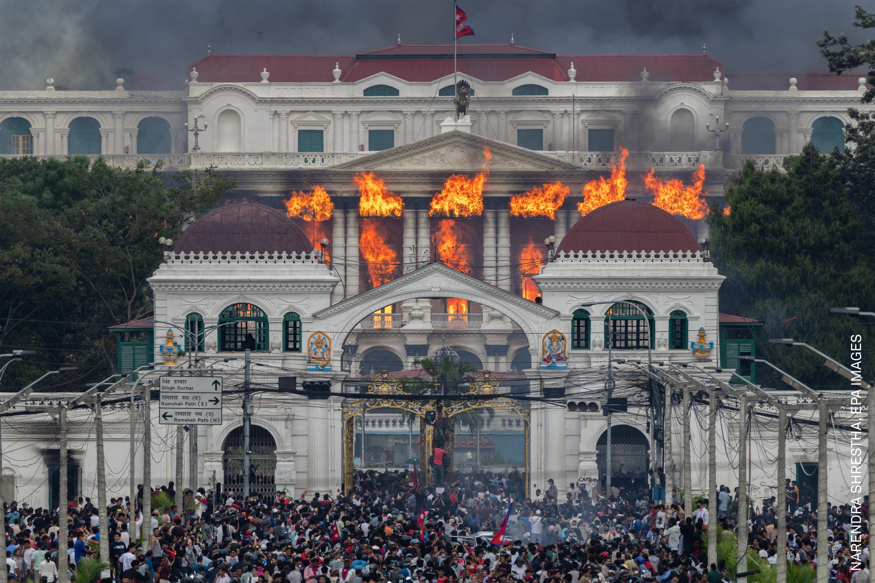 Fire and smoke engulf Singha Durbar after protesters stormed and set the government complex alight during violent demonstrations in Kathmandu, Nepal.
