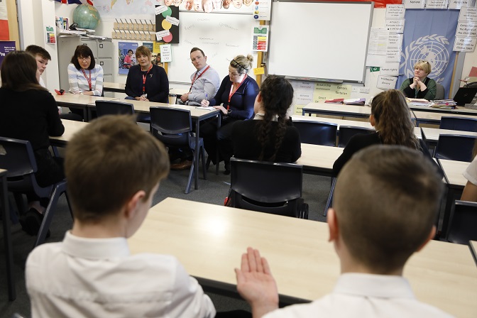 Ruth Maguire, Mary Fee and Fulton MacGregor answer questions from a class