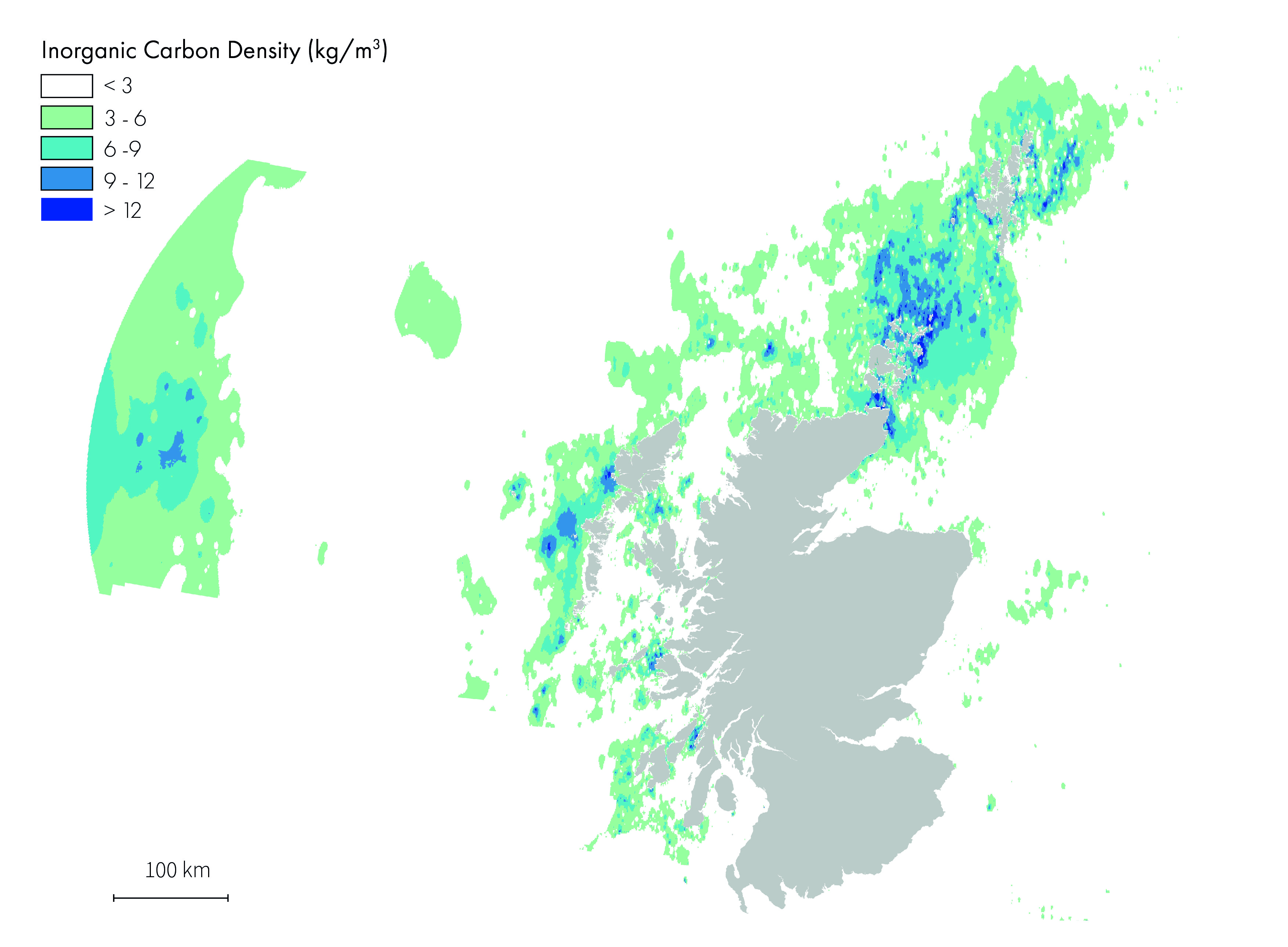 Map of Scotland and Scotland's seas showing the density distribution of inorganic carbon, with greatest densities (greater than 6 kg per cubic metre inorganic carbon) shown to the north east of Scotland, to the west of the Hebrides and on the western edge of Scotland's Adjacent Waters.