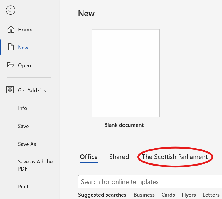 Screenshot showing where on the 'new document' page in Microsoft Word you can find Scottish Parliament templates.