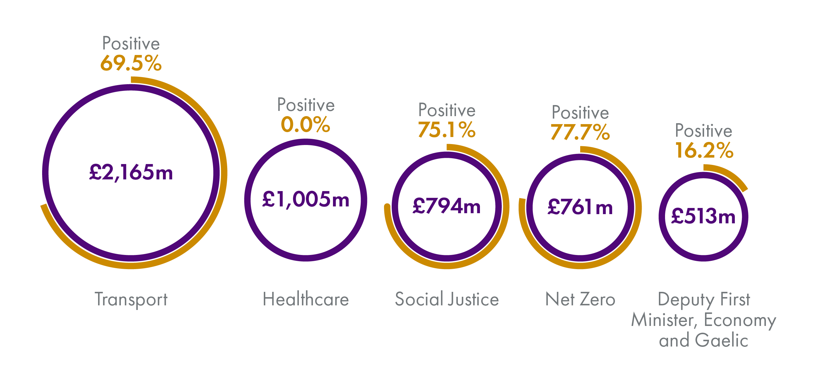 The five largest portfolio capital budgets are Transport, Healthcare, Social Justice, Net Zero, and Deputy First Minister, Economy and Gaelic. The majority of positive capital spending is concentraed in transport (69.5%), Social Justice (75.1%) and Net Zero (77.7%).
