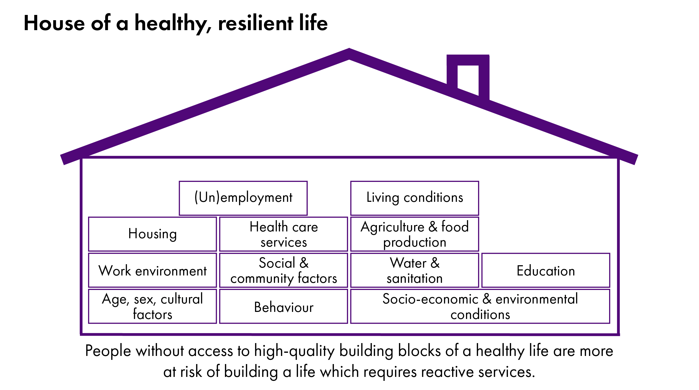 This figure presents an imaginary “House of a healthy, resilient life” built out of the building blocks of health. These include employment, living conditions, housing, healthcare services, agriculture and food production, the work environment, social and community factors, water and sanitation, education, age, sex, cultural factors, behaviour, and socio-economic and environmental conditions. People without access to high-quality building blocks of health are at more risk of building a life which requires reactive services.