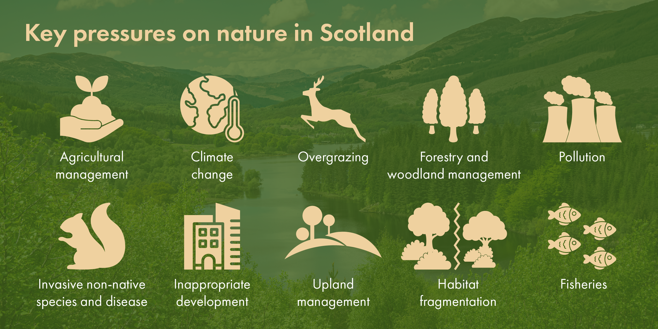 The image shows an infographic of the key pressures on nature in Scotland - showed as being agricultural management, climate change, overgrazing, forestry and woodland management, pollution, invasive non-native species and disease, inappropriate development, upland management, habitat fragmentation and fisheries.
