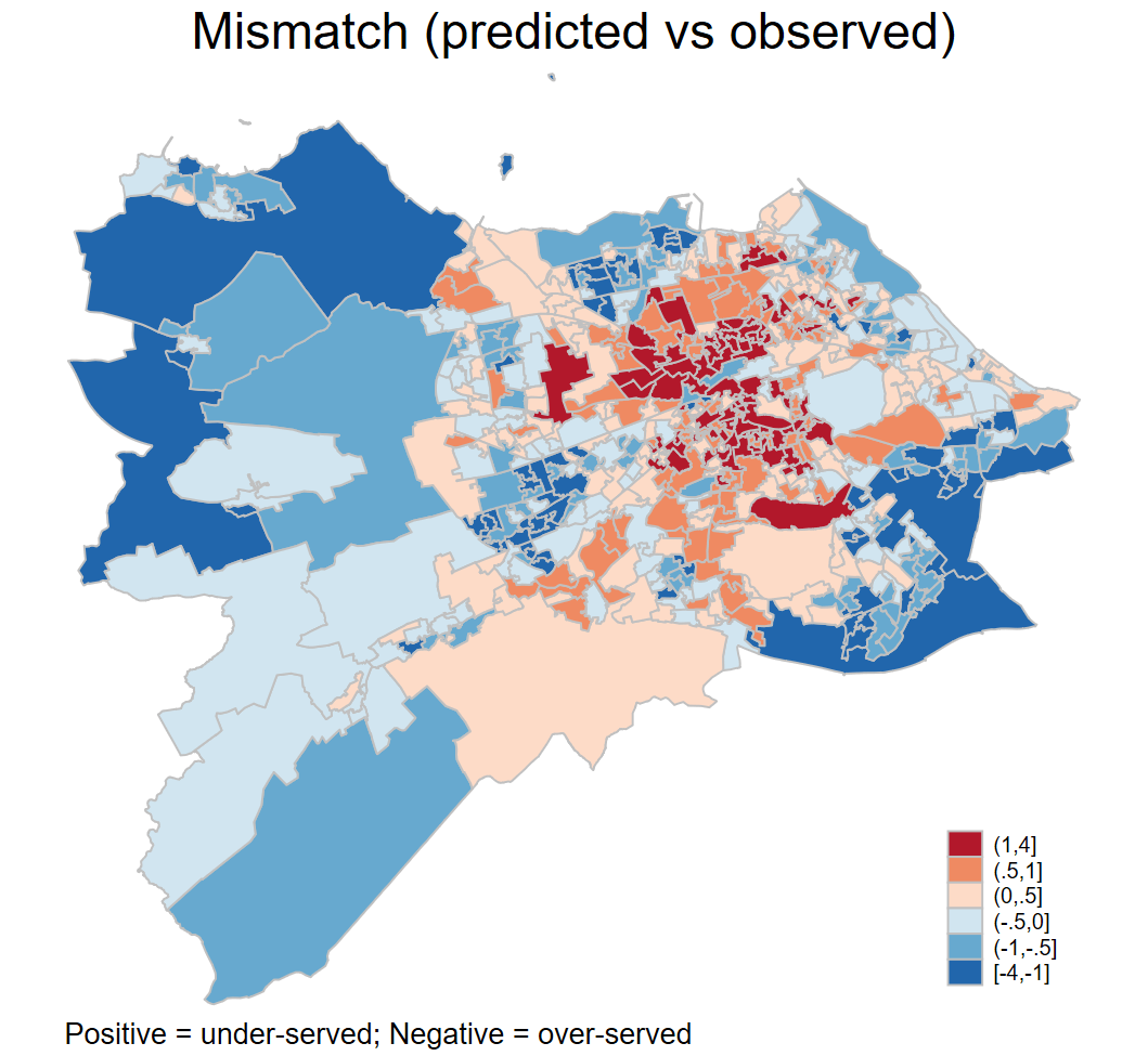 Datazone level map of Edinburgh showing areas which appear to be under- and over-served in terms of Civil Legal Aid use on average.