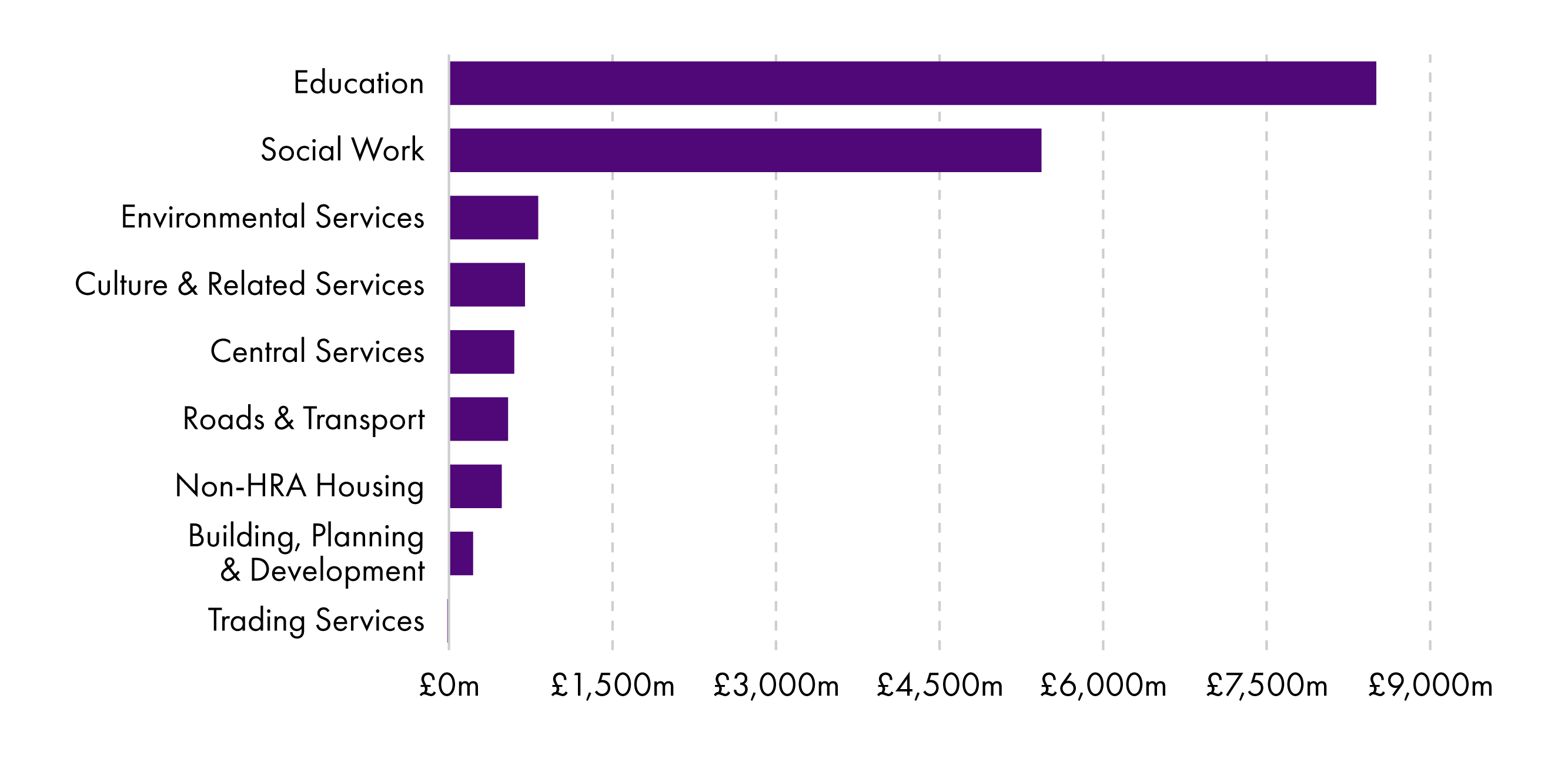 Education and Social Work (which includes social care) are by far the largest areas of local government spend.