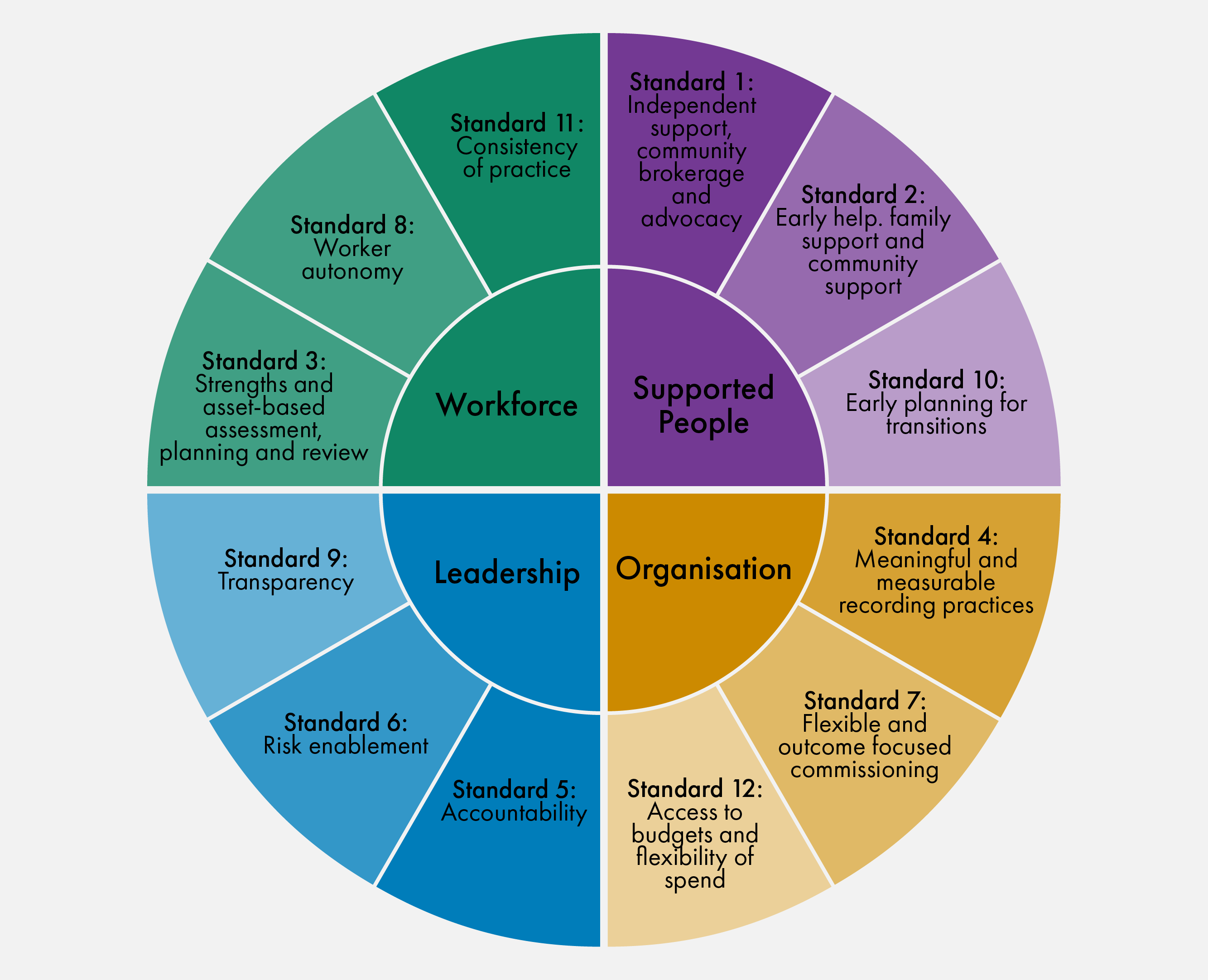 This visualisation shows the 12 Self-directed Support Standards grouped by colours under four themes. The link takes you to an interactive version