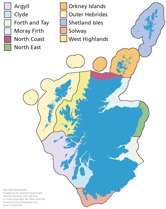 Map of Scotland showing the boundaries of eleven Scottish marine regions, each identified by a different colour and labelled in a legend. The districts are Argyll, Clyde, Forth and Tay, Moray Firth, North Coast, North East, Orkney Islands, Outer Hebrides, Shetland Isles, Solway, and West Highlands. Regions are distributed around the mainland and islands, including Argyll in the west, Moray Firth in the north-east, North East along the eastern coast, North Coast across the far north, West Highlands in the north-west, and Solway in the south-west. The Outer Hebrides, Orkney Islands, and Shetland Isles are shown as separate coloured island groups. Major sea lochs and coastal inlets are depicted, and the map is presented on a light grey background.