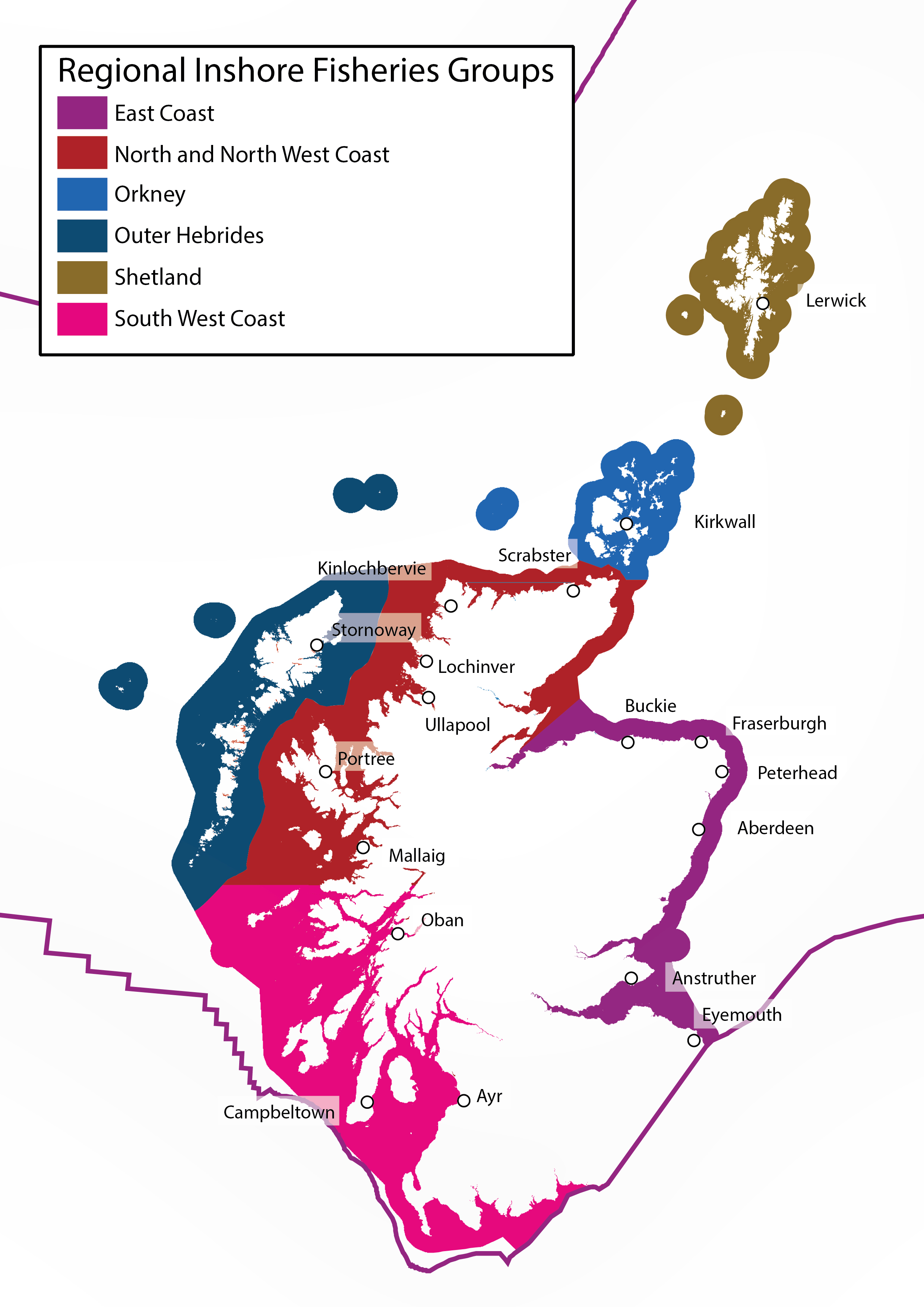 A colour-coded map of Scotland illustrating the areas covered by six Regional Inshore Fisheries Groups (RIFGs). A legend identifies the regions as East Coast (purple), North and North West Coast (red), Orkney (blue), Outer Hebrides (dark blue), Shetland (brown), and South West Coast (pink). The coloured areas trace Scotland's coastline and island groups, with each region assigned a distinct management area. Key fishing ports and coastal settlements are marked with labelled circles, including Lerwick in Shetland, Kirkwall in Orkney, Scrabster, Kinlochbervie, Stornoway, Lochinver, Ullapool, Portree, Mallaig, Oban, Campbeltown, Ayr, Aberdeen, Peterhead, Fraserburgh, Anstruther, and Eyemouth. The map highlights the geographical extent and distribution of Scotland's regional inshore fisheries management areas.