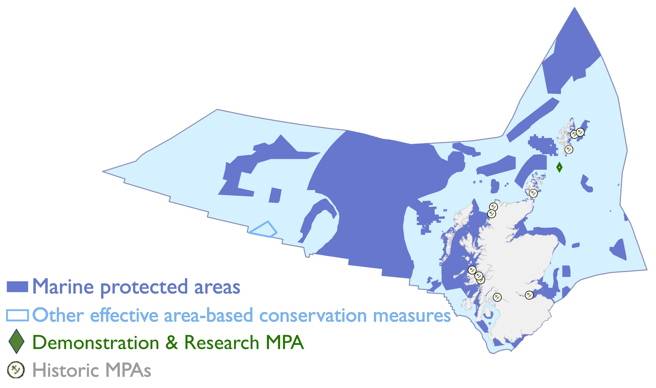 Map of Scotland and its surrounding marine region highlighting designated marine protected areas. Dark blue shading identifies Marine Protected Areas covering extensive coastal and offshore waters, while a larger light blue boxes indicates Other effective area-based conservation measures. Green diamond symbols mark Demonstration and Research Marine Protected Areas, and grey circular anchor symbols show the locations of Historic Marine Protected Areas. The map includes the Scottish mainland, the Hebrides, Orkney and Shetland islands, with protected sites distributed around much of the coastline and in offshore waters. A legend in the lower left explains the four conservation designations.