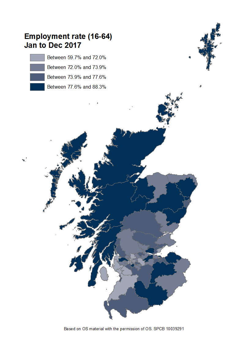 The employment rate for people aged 16 to 64 for each Scottish Parliamentary constituency.